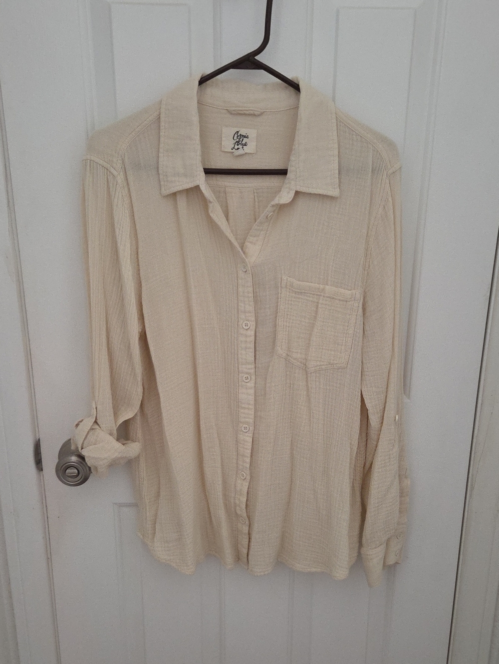 Light Cream Button-Down Gauze Shirt with Chest Pocket